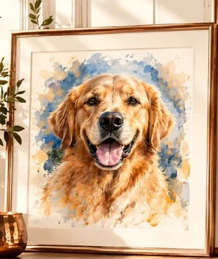 Watercolor portrait of a smiling golden retriever in a copper frame