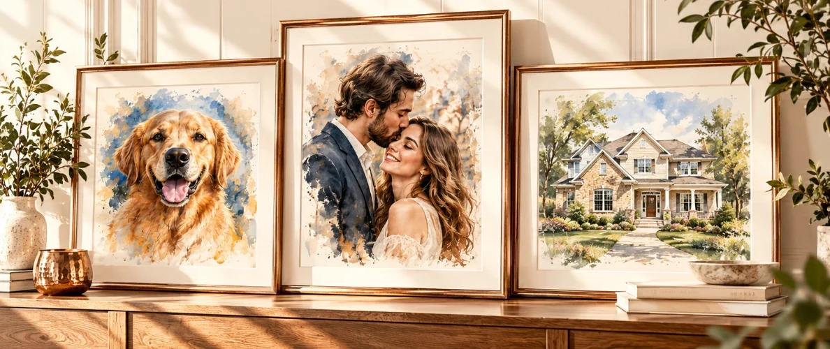 Framed watercolor portraits of a golden retriever, a couple and a family home on a wooden dresser