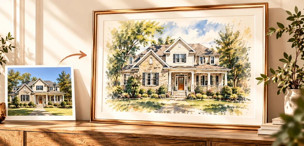 A photo of a stone family house beside its framed watercolor painting