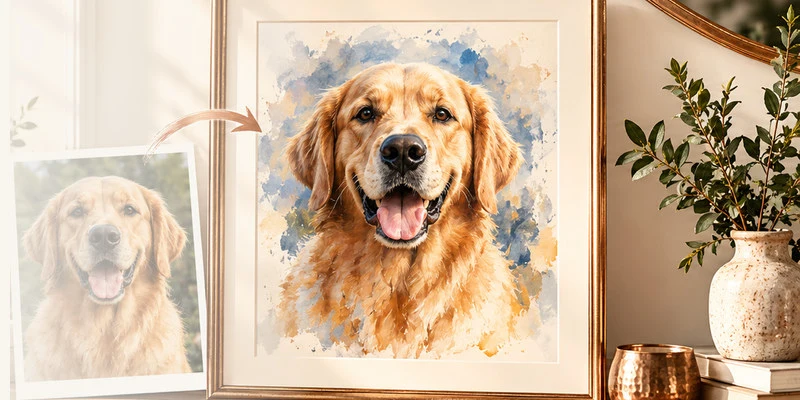 A photo of a golden retriever beside its framed watercolor portrait